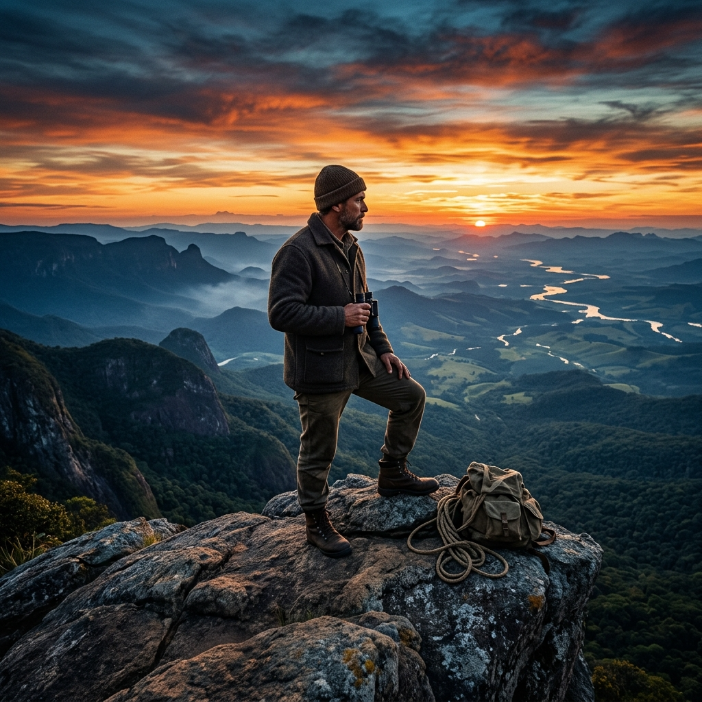 Vigia posicionado em um pico elevado ao amanhecer, representando discernimento e prontidão espiritual